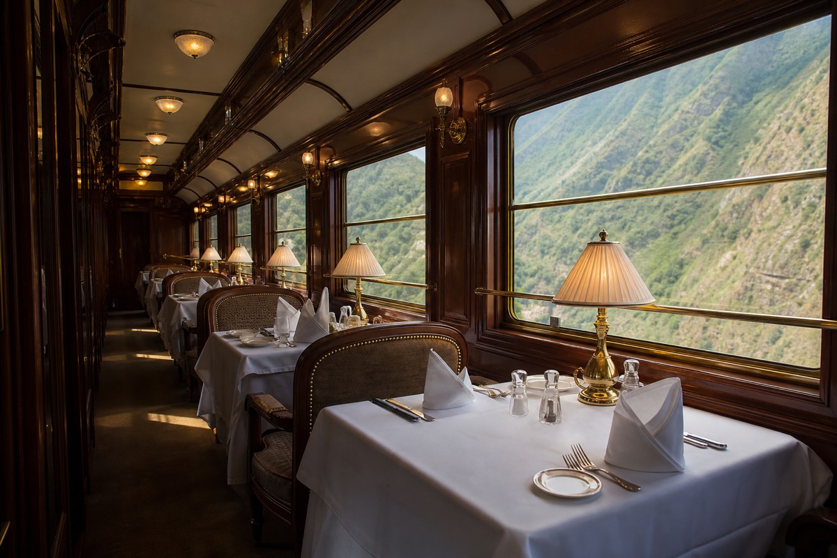 The dining car aboard the Hiram Bingham, part of what the fare pays for