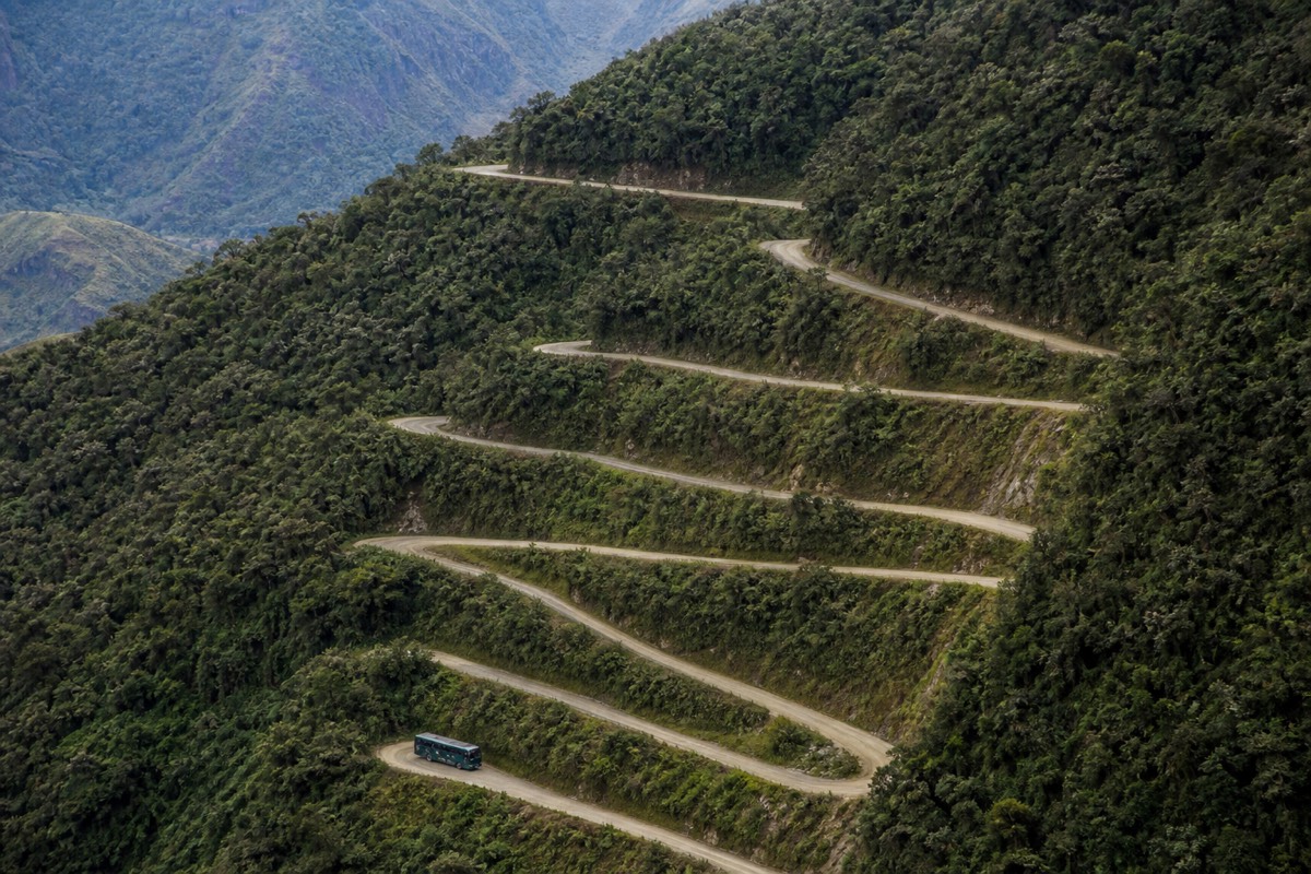 The switchback road up to Machu Picchu from the valley floor below